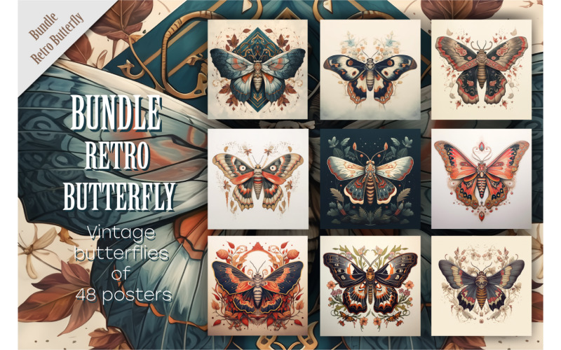 Retro Butterfly Bundle. Butterfly clipart. Illustration