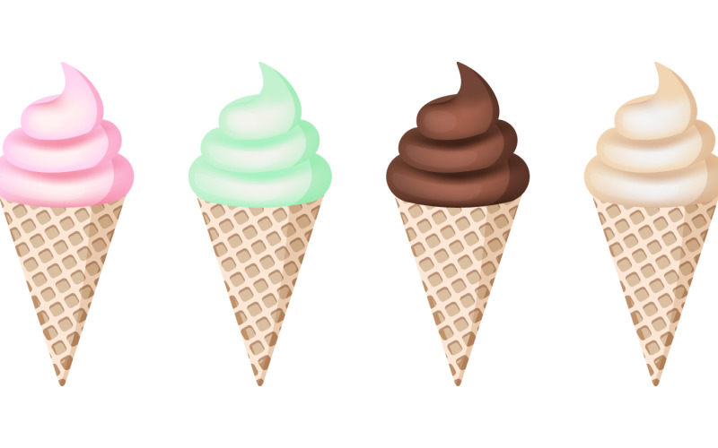 Strawberry, mint, chocolate and vanilla ice cream waffle cones on the white background Vector Graphic