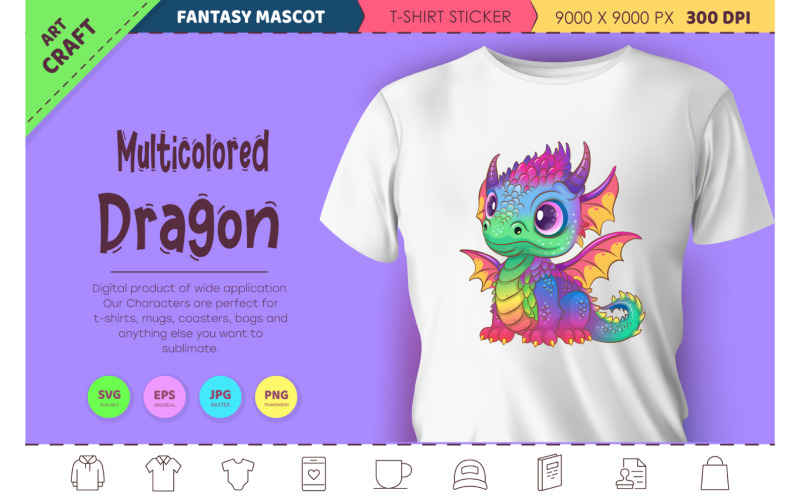 Multicolored dragon. Fantasy clipart. Vector Graphic