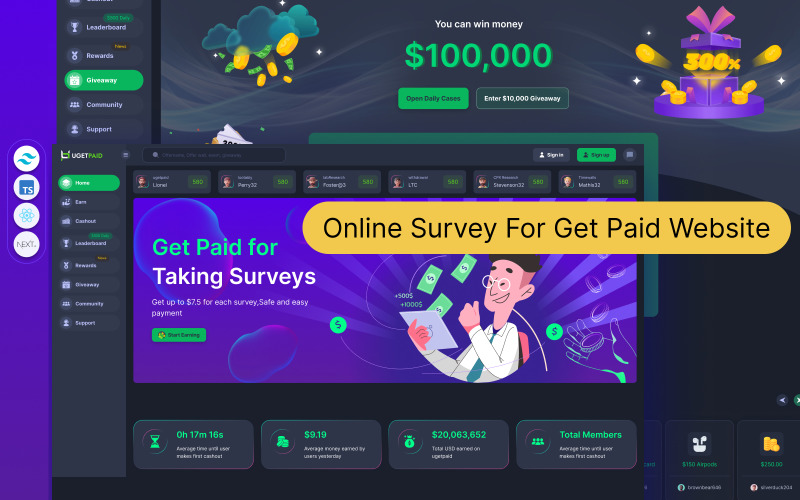 Ugetpaid - Online Survey For Get Paid Website React Next JS Template Games & Nightlife Website Template