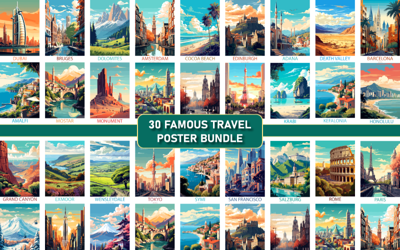 Famous Travel Places Poster Bundle Illustration