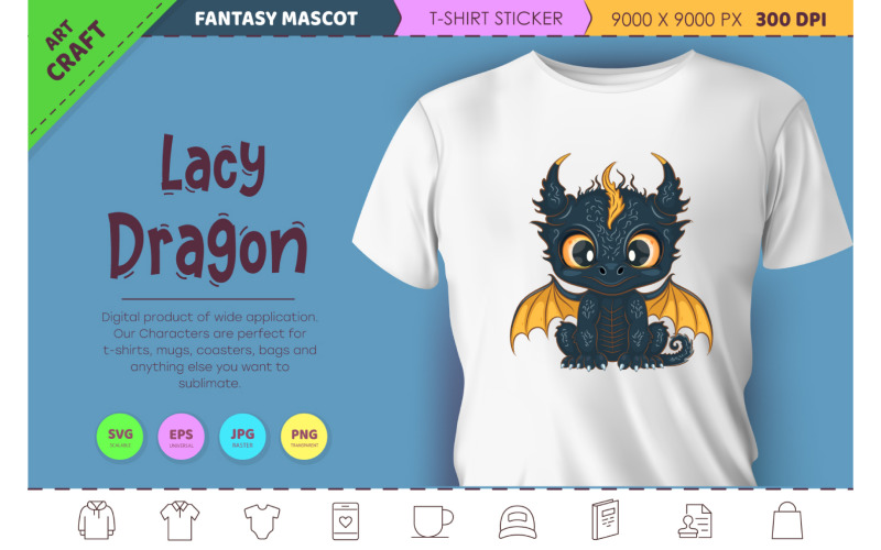 Lacy cartoon dragon. Fantasy clipart. Vector Graphic