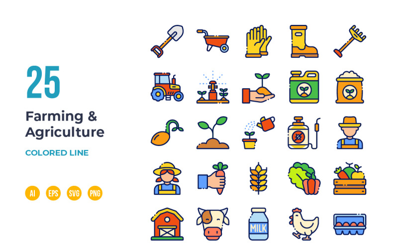 Farm and Agriculture Icon - Colored Line Icon Set