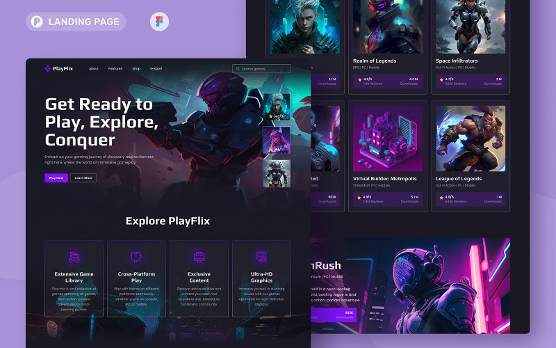 PlayFlix - Gaming Landing Page UI Element