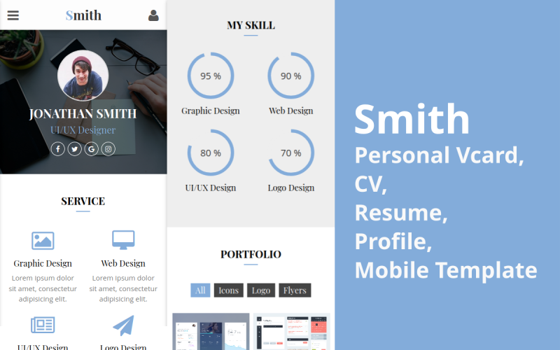 Smith - Personal vCard, CV, Resume, Profile Mobile Template Website Template