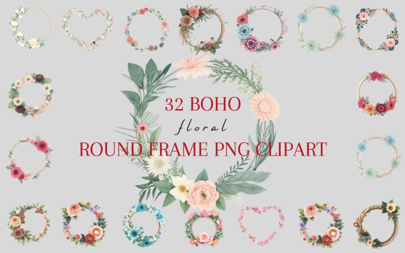 32 Boho Floral Round Frame Clipart Background