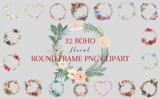 32 Boho Floral Round Frame Clipart