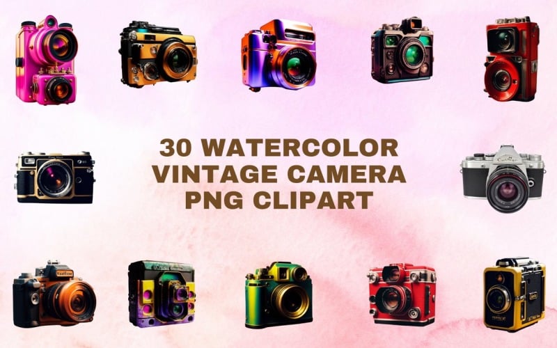 30 Watercolor Vintage Camera Clipart Background