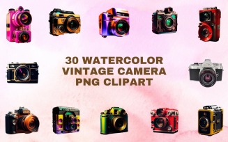 30 Watercolor Vintage Camera Clipart