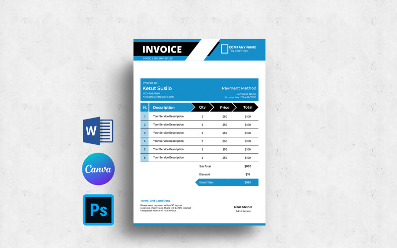 Invoice Template Layout. Ms Word, Photoshop and Canva Corporate Identity