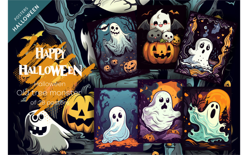 Halloween ghost with pumpkins. Illustration