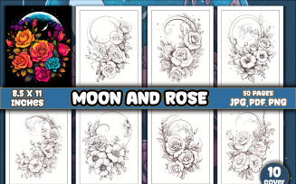 Moon and Rose Flower Coloring Pages
