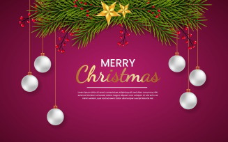 christmas background decoration on red color background with pine branch and ball