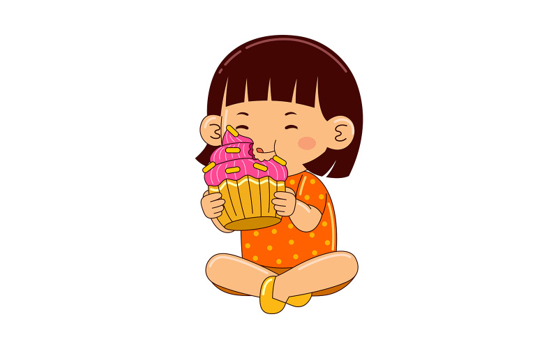 girl kids eating cup cake vector Vector Graphic