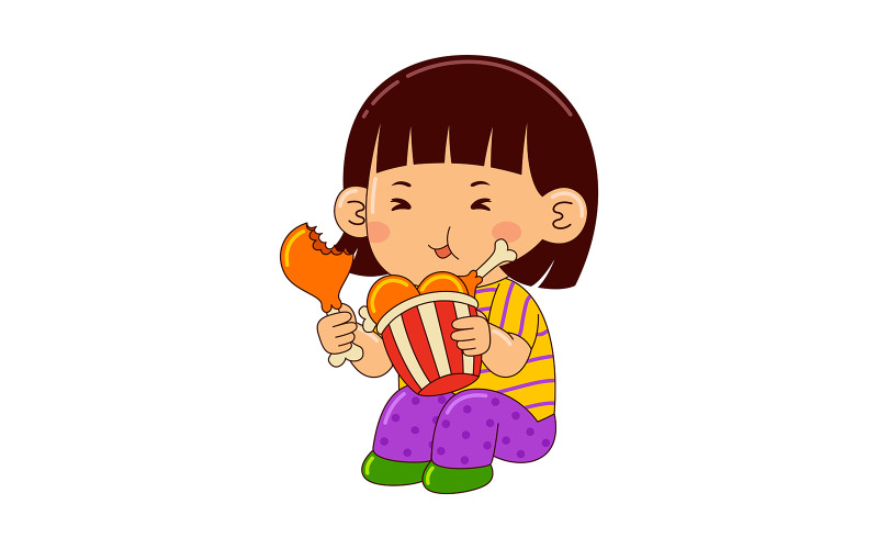 girl kids eating fried chicken vector Vector Graphic
