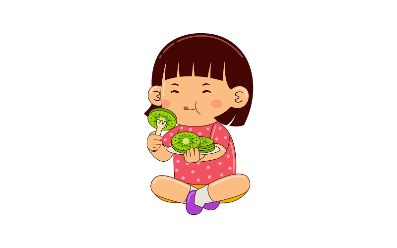 girl kids eating kiwi vector Vector Graphic