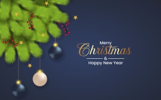 Vector christmas background decoration on blue background with pine branch and ball