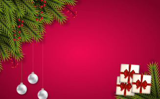 Vector christmas background decoration on red background with pine branch and christmas ball