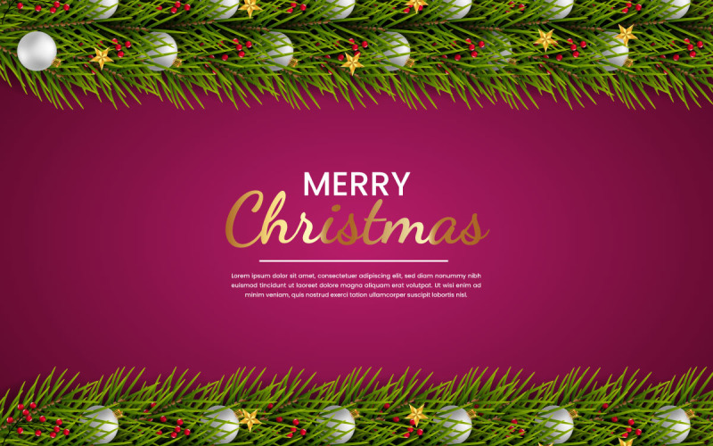 Vector christmas background decoration on red background with pine branch and christmas balls Illustration