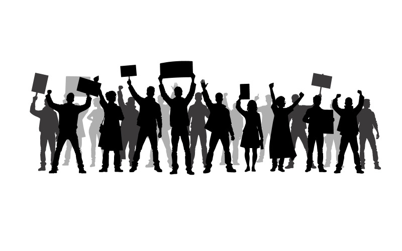 Silhouettes of crowd of people with raised up hands and flags. Iconic protester raised fist isolated Illustration