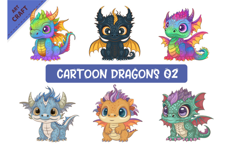 Set of Cartoon Dragons 02. Fantasy clipart. Vector Graphic