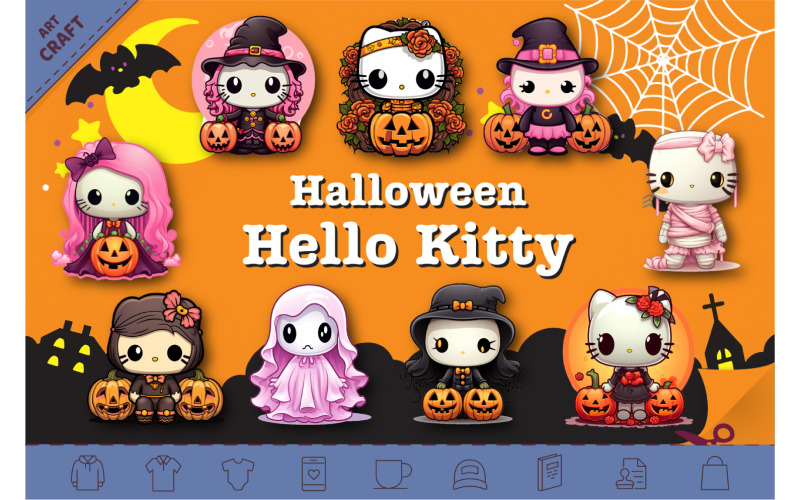 Halloween Spooky Kitty Stickers. Bundle PNG. Illustration