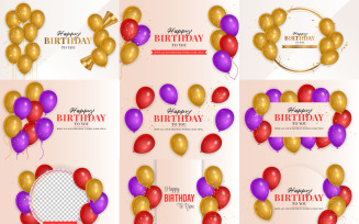 Birthday wish template set with realistic pink purple and red balloons