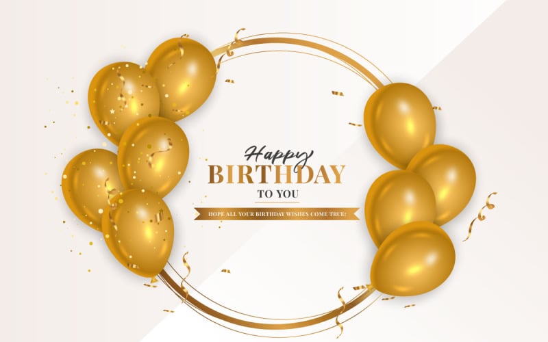 Birthday wish with realistic golden balloons set and white background and text Illustration