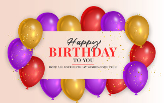 Birthday wish with realistic pink purple and red balloon set and pink background