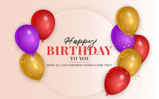 Birthday wish with realistic pink purple and red balloons set and pink background and text