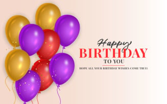 Birthday wish with realistic pink purple and red balloons set and pink background style