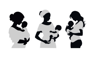 Mom and baby silhouette, mother holding her baby silhouette set vector
