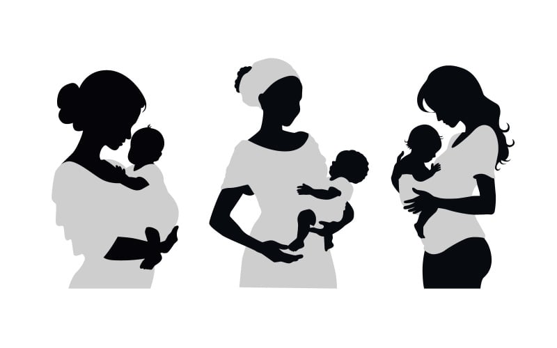 Mom and baby silhouette, mother holding her baby silhouette set vector Illustration