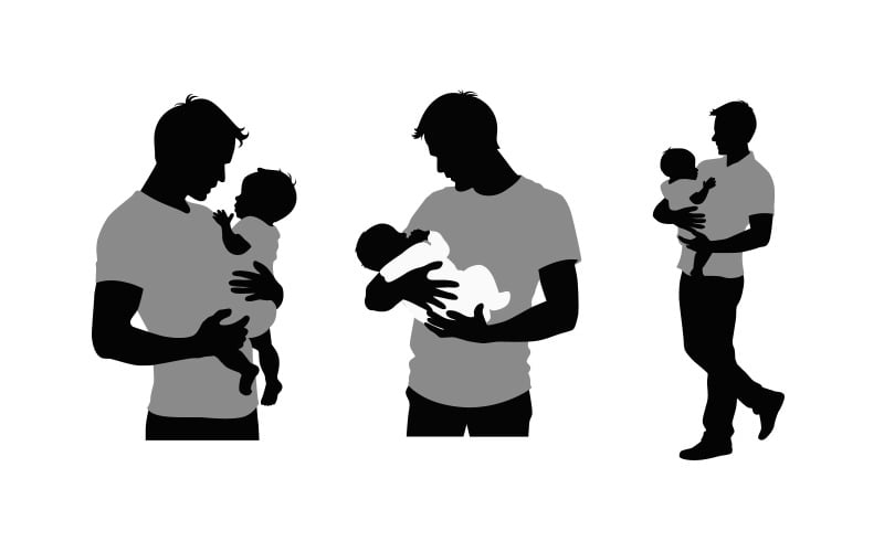 Silhouette of dad holding baby, father and baby silhouettes together Illustration