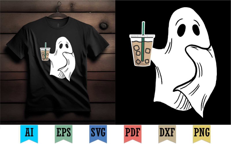 Cartoon Ghost Print with coffee cup Tee Shirts T-shirt