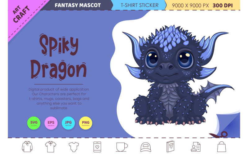 Cartoon spiky dragon. T-Shirt, PNG, SVG. Vector Graphic