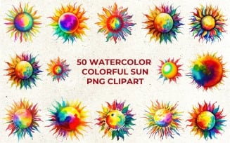 50 Watercolor Colorful Sun Clipart