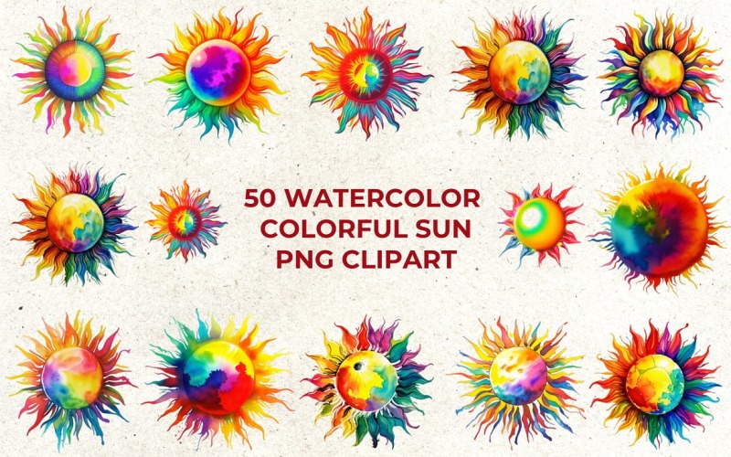 50 Watercolor Colorful Sun Clipart Background