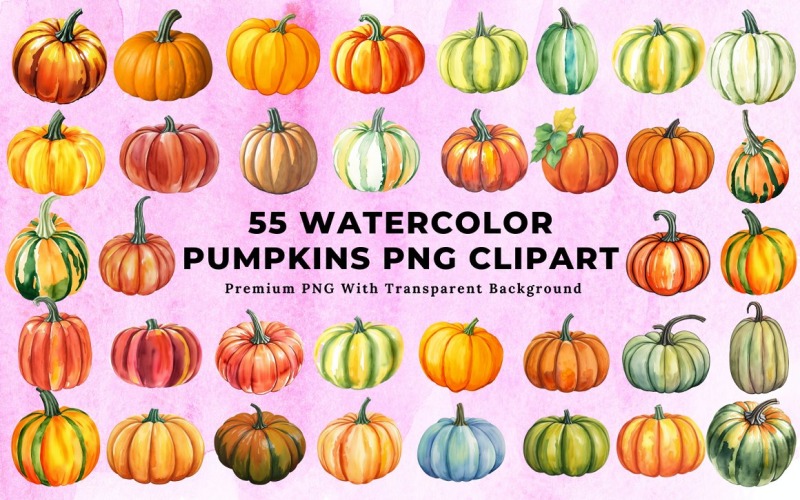 55 Watercolor Pumpkins PNG Clipart Background