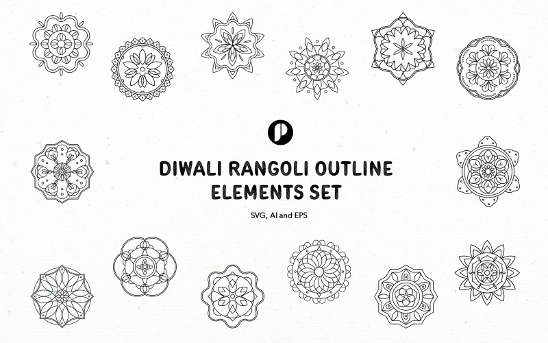 Diwali Rangoli Outline Elements Set Illustration