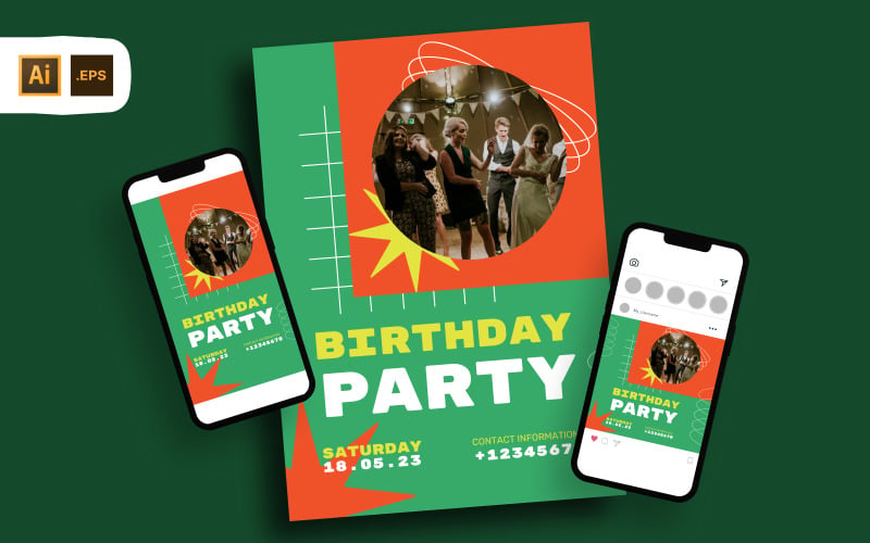 Retro Birthday Party Invitation Flyer Template Corporate Identity