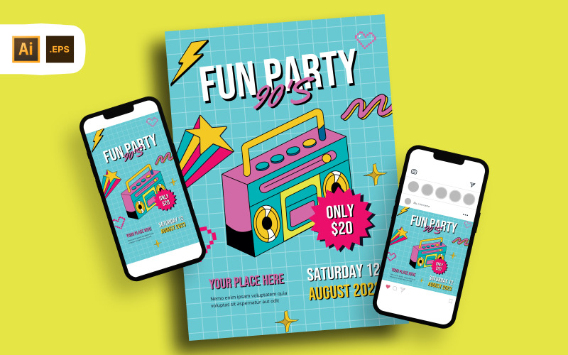 90s Fun Party Flyer Template Corporate Identity