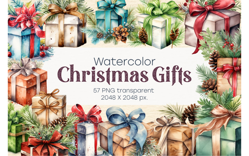 Watercolor Christmas gifts. PNG, Clipart. Illustration