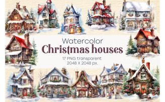 Christmas houses. Watercolor, PNG, Clipart.