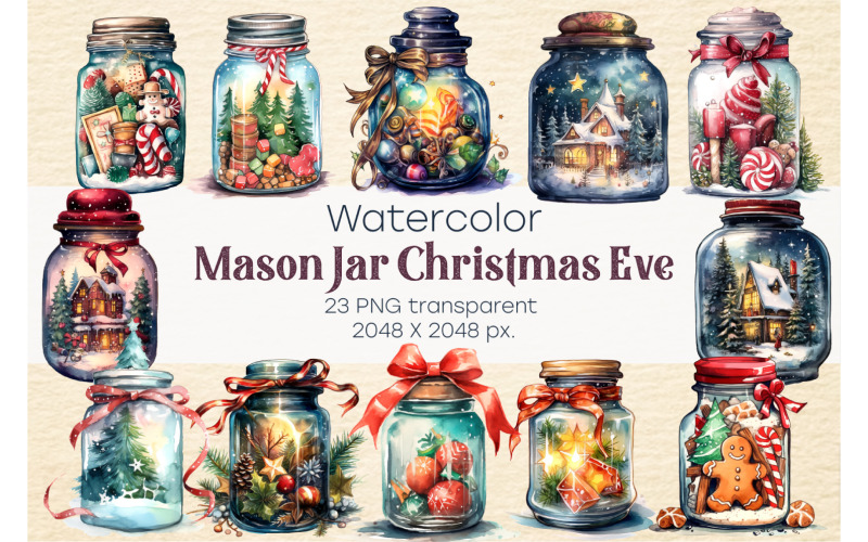 Watercolor Christmas Jars with Eve. PNG, Clipart. Illustration
