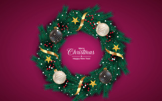 Christmas wreath decoration . wreath vector with pine leaves, balls and a golden ribbon