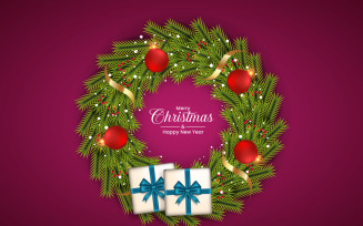 Christmas wreath decoration . wreath vector with pine leaves, christmas balls and a golden ribbon