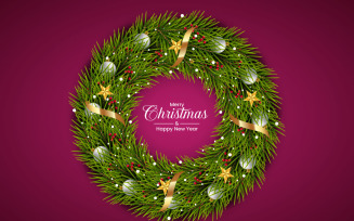 Christmas wreath decoration . wreath vector with pine leaves, christmas balls and a golden ribbons