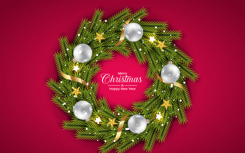Christmas wreath decoration . wreath vector with pine leaves christmas balls and a golden ribbons Illustration