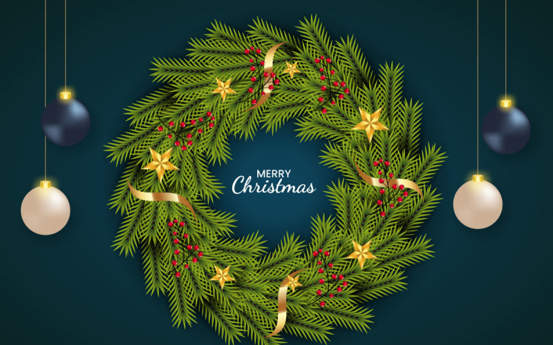 Christmas wreath decoration . wreath vector with pine leaves, christmas balls and golden ribbon Illustration